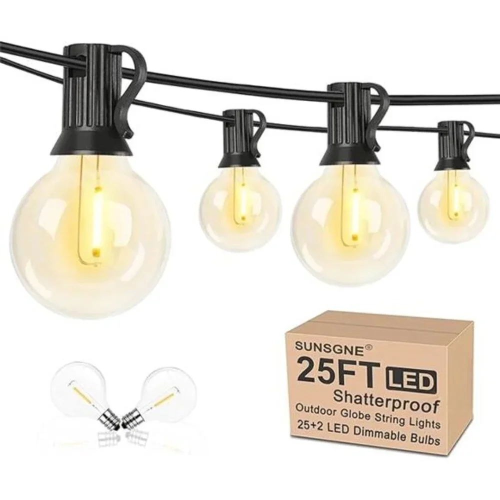 25Ft Globe Led Outdoor String Lights Waterproof Shatterproof Connectable Hanging